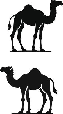 two silhouettes of camels on a white background
