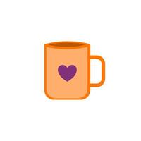 Flat style illustration of a cute orange coffee mug with a purple heart in the center. vector