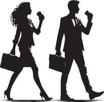 Silhouette of business woman and man walking with briefcases and coffee cups on white vector