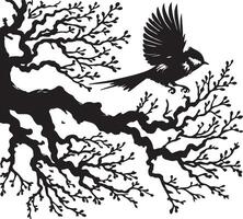 A monochrome illustration of a bird taking flight from a tree with bare branches vector