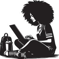 A woman with afro sitting cross legged using a laptop with backpack and sneakers near vector
