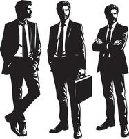 Three silhouetted businessmen in suits posing in various stances against white backdrop vector