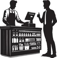 Silhouette of cashier and customer at checkout counter with stocked shelves behind vector