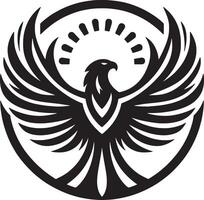 A graphic design of a black eagle with wings spread inside a circle with sun rays vector