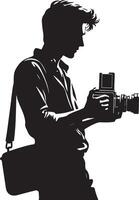 Silhouette of a man holding a camera with a bag slung over his shoulder in profile vector