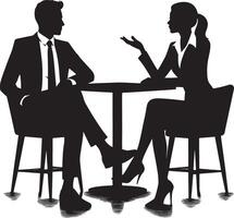 Silhouette of a man and woman in suits seated at a table in a business meeting vector