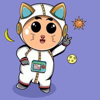 Astronaut cat running on a space with peace finger vector