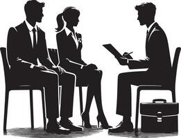 Silhouetted man and woman in suits sitting for an interview with a man holding a pad vector