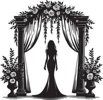 Silhouette of a woman in a gown standing under a floral archway with columns and vases vector