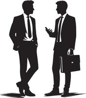 Silhouette of two businessmen in suits discussing with a briefcase present image vector