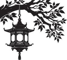 A black white illustration of a lantern hanging from a tree branch with leaves vector