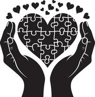 Two hands holding a heart made of jigsaw puzzle pieces with small hearts floating above vector