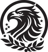 Black and white emblem of an eagle head inside a circle with stars and laurel leaves vector