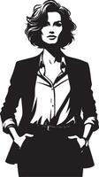 Stylized monochrome illustration of a woman in business attire with hands in pockets vector