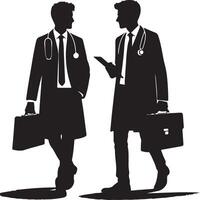 Silhouette of two doctors in coats with stethoscopes holding briefcases and a tablet vector