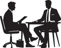 Silhouette of two businessmen sitting at a table in an office setting discussing work vector