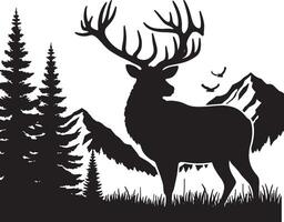 Silhouette of a deer with large antlers in a mountain landscape with pine trees vector