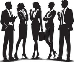 Silhouettes of five business people in suits standing together in a group setting vector