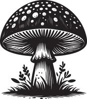 A monochrome illustration of a mushroom with dots and grass on a white background vector