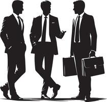 Silhouette of three businessmen in suits discussing with briefcases on white backdrop vector