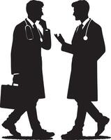 Silhouette of two doctors in lab coats conversing with one holding a briefcase in hand vector