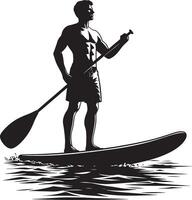 Silhouette of a muscular man paddleboarding on water with a paddle in his hands vector