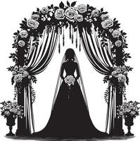 Silhouette of bride under floral archway with draped fabric and flower arrangements vector