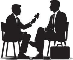 Silhouette of man interviewing another man with a microphone in a studio setting vector