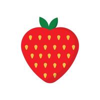 Flat illustration of a ripe strawberry with seeds and green leaves on white background vector