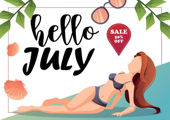 Hello July banner with sale and woman on beach