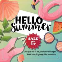 Hello summer post with flamingo and sale vector