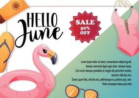 Hello June banner with discount and summer elements vector