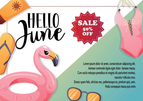 Hello June banner with discount and summer elements