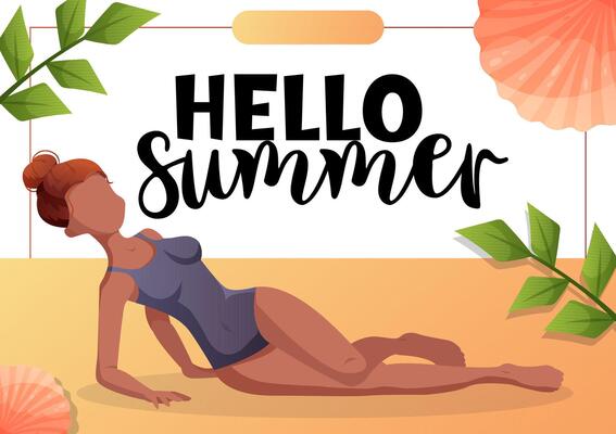 Hello Summer banner with girl on beach