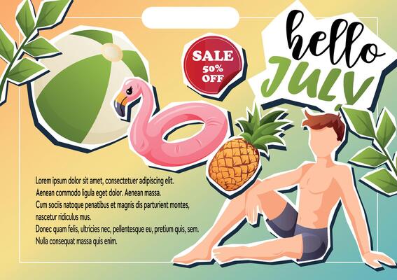 Hello July collage banner with stickers and summer boy