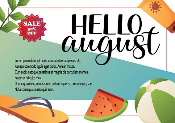 Hello August banner with sale and summer items