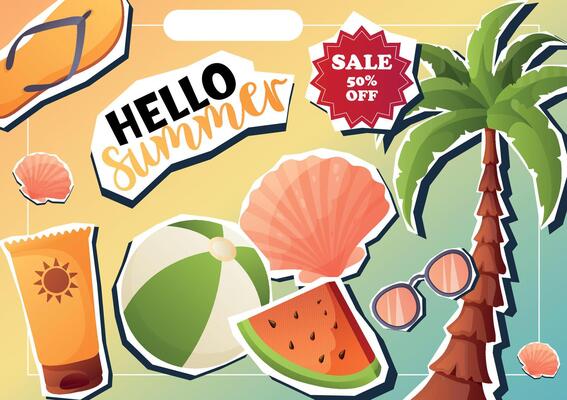 Hello Summer collage banner with beach items and sale