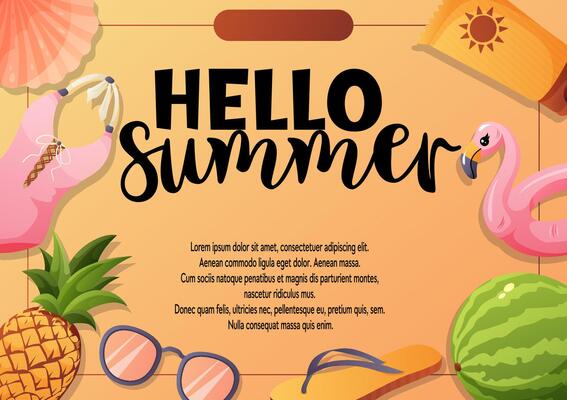 Hello Summer banner with beach items and fruits