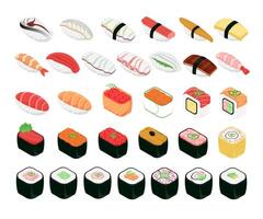 Set of isometric sushi illustration including various Japanese sushi styles suitable for menu templates and food packaging designs vector