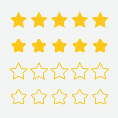 Five stars customer product review icon set, featuring yellow 5 star rating flat icons for apps and websites. Represents quality, customers rating, and feedback
