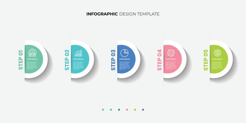 5 Steps journey Infographics Design Template. Graph, Pie chart, workflow layout, rectangular box diagram, timeline, report, presentation design
