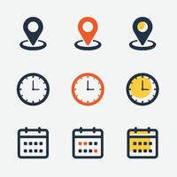 Date, time and location icons. Calendar icon symbol, clock sign, location pin signs vector