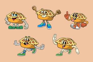 Set of Funny Pie Cake Food Cartoon Characters in Retro 70s Illustration vector