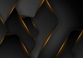 Dark perforated tech background with orange neon hexagons vector