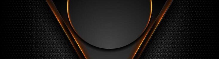 Black perforated banner with orange glowing triangles and circle vector