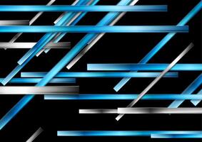 Black abstract tech background with blue and metallic glossy stripes vector