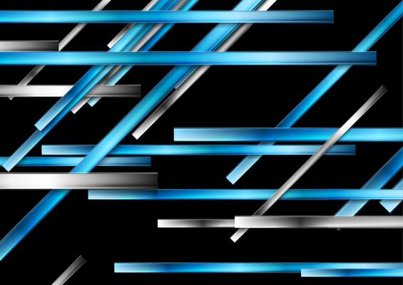 Black abstract tech background with blue and metallic glossy stripes