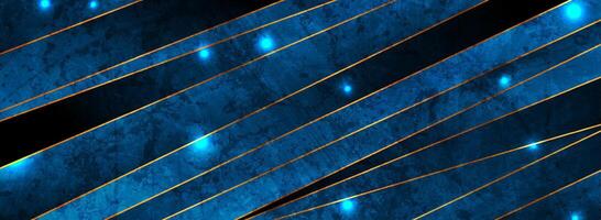 Blue and golden shiny tech background with glowing lights vector
