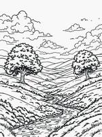 Vsai serene landscape showing winding river flowing through rolling hills and lush trees vector