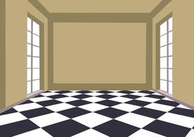 An empty room with a checkered floor and windows vector